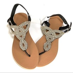 rhinestone looped black thong sandal